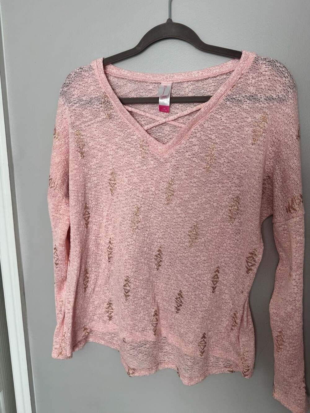 No Boundaries Pink Metallic Geo Print V-Neck Crisscross Long Sleeve Sweater